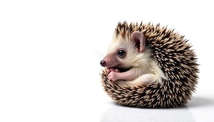 Obraz premium Tiny hedgehog curled in a ball, isolated on pure white background, element, mammal