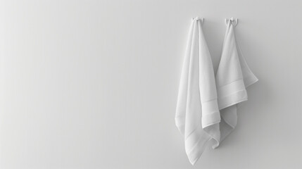 Fototapeta premium A pair of fresh clean white towels hanging on hooks against a minimalist white wall background with copy space