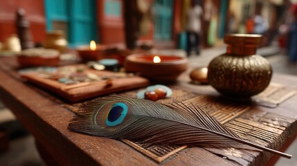 Peaceful spiritual items displayed on wooden table in market