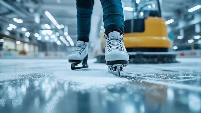 Close-up of Ice Skater gliding on pristine ice rink with an Ice Resurfacer in Background