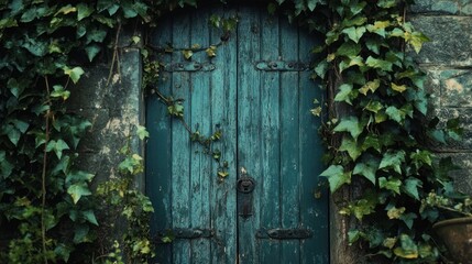 Aged teal door enveloped in verdant ivy.