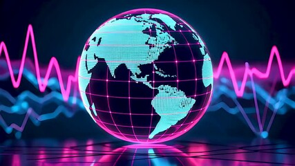 Spinning digital globe with heartbeat pulse lines in vibrant pink and blue waves - Powered by Adobe