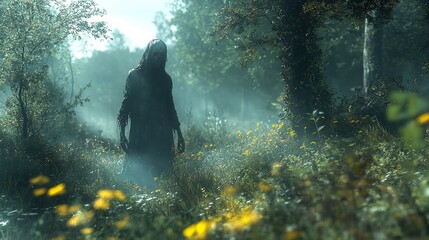 Grim reaper death forest nature horror dark spooky flowers fog trees plants mystery eerie figure hooded cloak