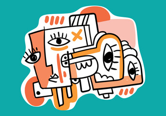 Abstract cubism pop art illustration featuring overlapping symbolic faces and expressive