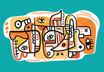 Abstract cubism pop art illustration featuring overlapping symbolic faces and expressive