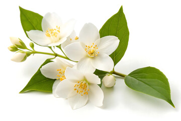  Fresh White Jasmine Flowers with Green Leaves  isolated on white background . 