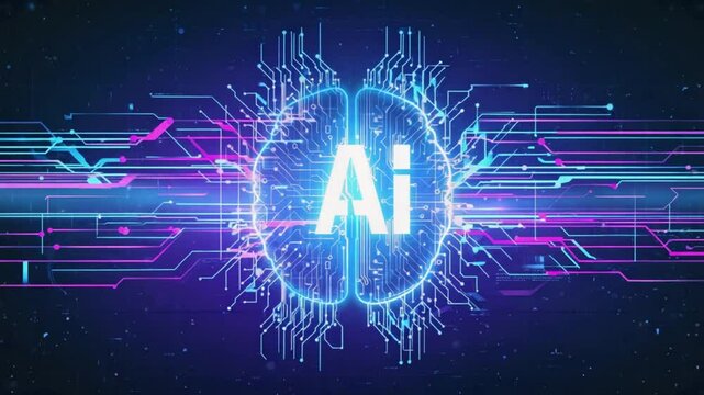 abstract background with glowing lines and technology human brain with ai logo in the brain