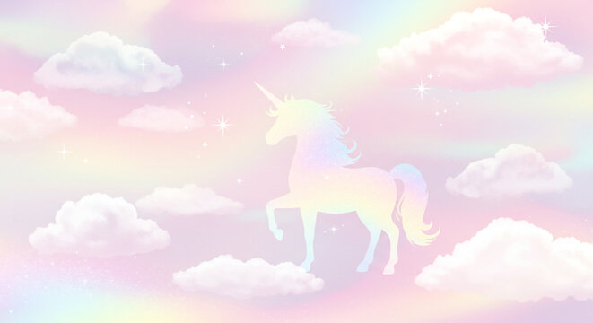 Magical Pastel Unicorn in Rainbow Cloudscape Soft Dreamy Pastel Hues