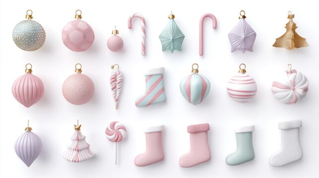 An array of delicately crafted pastel Christmas ornaments and decorations, exuding a sense of festive cheer and elegance. The scene is clean and visually appealing