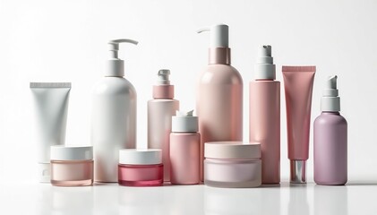 Set of assorted cosmetic containers, white backdrop, set, lipstick, serum