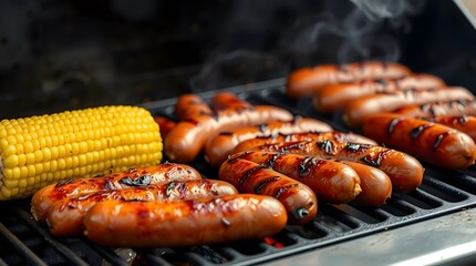 Juicy sausages and yellow corn on the cob with melting butter grilling over charcoal on an outdoor barbecue rack. Cooking concept