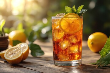 Iced tea drink with lemon and mint