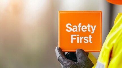 Safety Officer Holding Safety First Sign in Reflective Gear and Gloves in Work Environment