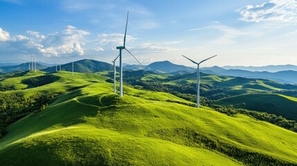 Green meadow with wind turbines generating electricity