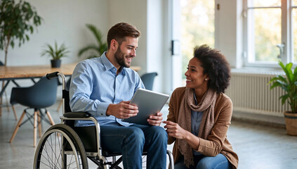 Diverse team of professionals including person in wheelchair collaborating in modern office showing inclusive workplace culture and positive teamwork