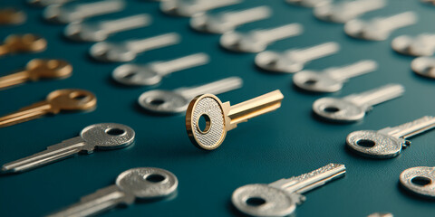 Gold key among silver keys on teal background, showcasing uniqueness and standing out, symbolizing success, leadership, or finding the solution