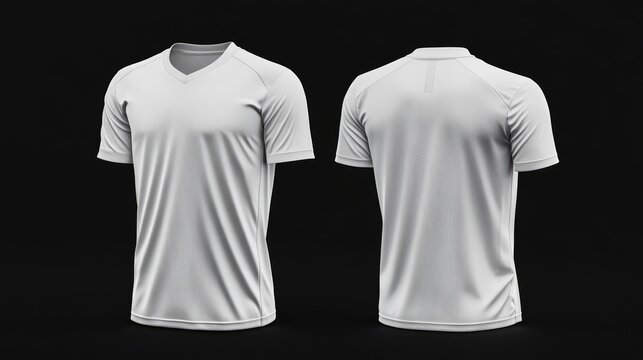 Blank white v-neck athletic shirt mockup front and back views.