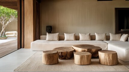Elegant living room showcasing natural wood elements and neutral tones