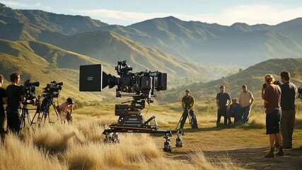 A Film Crew Works on Location Amidst Rolling Hills, Capturing Cinematic Shots