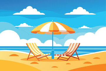 Fototapeta premium Beach chairs and umbrella facing sea with blue sky and clouds background