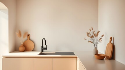 Bright Modern Kitchen Detail with Pampas Grass in Vase, Sleek Faucet, and Under-Cabinet Lighting