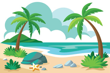 Obraz premium Cartoon Beach with Palm Trees, Starfish, Sand, Ocean, and Rocks