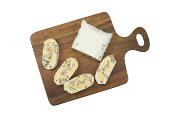 Top view of cut fresh mixed beans  tempeh (tempe) on wooden cutting board isolated on white background with clipping path flat lay
