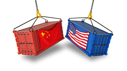 China United states of America trade war competition conflict concept. Cost Tariffs imports taxes. Chinese and USA flags on red and blue shipping containers isolated on transparent background
