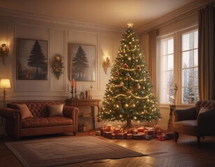 Ornate Christmas tree, glowing lights, cozy room,  colorful,  pine