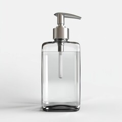 A transparent glass bottle with a metallic pump dispenser. The bottle is filled with clear liquid