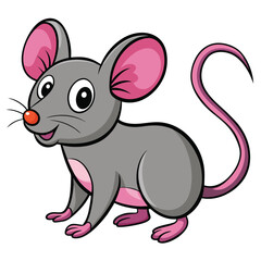 Cartoon Gray Mouse with Pink Ears, Tail and Red Nose on White