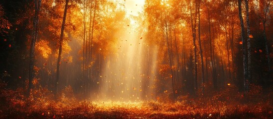 Autumn forest path with falling leaves