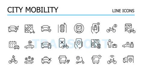 Urban mobility. City public transportation. Bicycle, car sharing, taxi and bus. Vector icons set