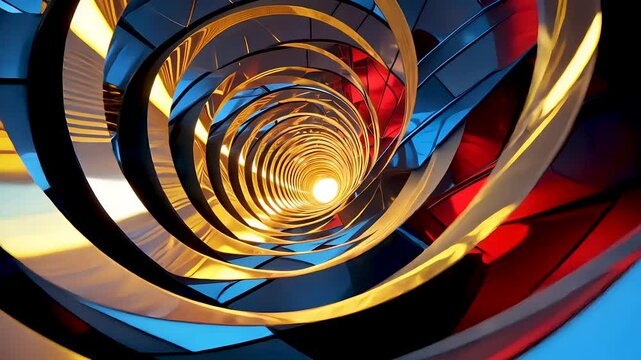 Abstract spiral tunnel made of glossy reflective shapes and golden futuristic light