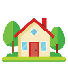 Fototapeta premium Cartoon House with Red Roof, Chimney, Red Door, Windows, and Trees on White
