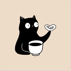 Cat Illustration with Cookie and Mug