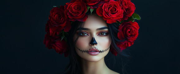 A beautiful mexican brunette with sugar skull makeup and a wreath of red roses, full-body portrait, dark background, studio photography, realistic skin texture, black. Santa Muerte style