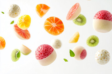 a bunch of fruit floating in the air