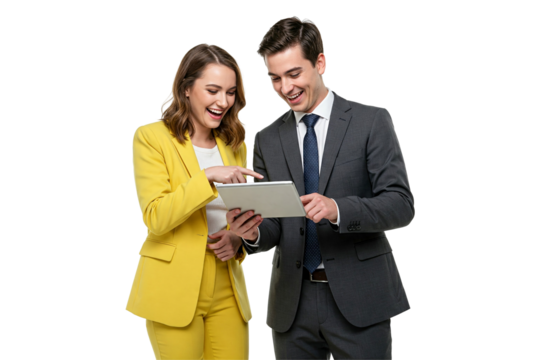young business woman and man working on tablet on white