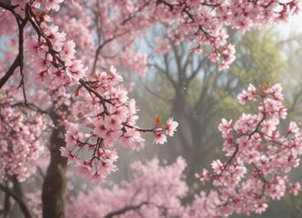 Soft pink sakura petals in gentle motion, blurred tree branches ,  bloom,  image,  springtime