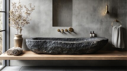 A moody interior with a textured dark stone sink carved in an irregular form, mounted on a floating wooden shelf. Brass fixtures gleam softly against a matte concrete wall.