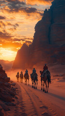 A caravan of camels and their riders travels along the desert road at sunset, with a mountain range in the background.
