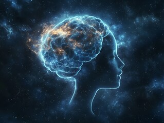 Cosmic brain, profile view, nebula background, abstract concept, digital art, for poster