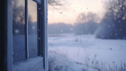 Frosty morning with ice crystals on a window, blurry snow-covered landscape visible outside