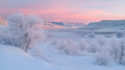 Winter sunrise over a snow-covered valley, pink light reflecting on the frosted trees and hills