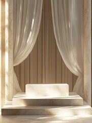 Empty display podium, beige draped background