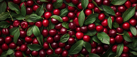 A large pile of fresh red cherries with green leaves, top view. Background banner for product presentation and advertising in a flat lay style.