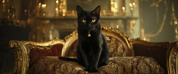 A majestic black cat with sleek fur sitting on a luxurious velvet cushion, golden decorations in the background, soft warm lighting, high detail, cinematic shot.