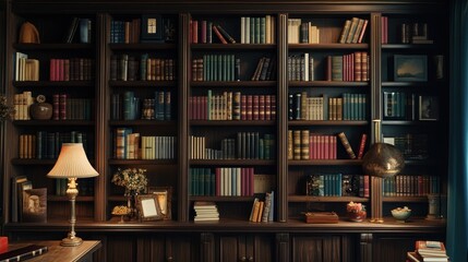 A stately bookcase filled with numerous books and other decorative objects