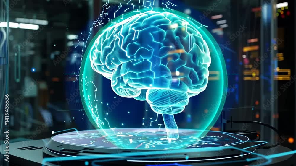Poster exploring the dazzling world of artificial intelligence through a glowing digital brain in a futuris